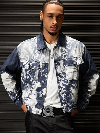 ROMWE MEN Street Life Veste en jean ample à imprimé floral pour hommes