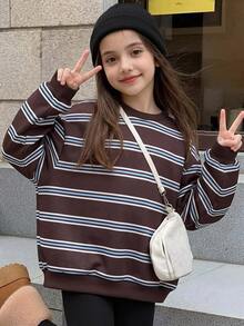 SHEIN 青少年女孩復古學院風條紋寬鬆衛衣：秋季休閒圓領咖啡棕套頭上衣 - 棕色 - 查看 3