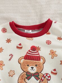 SHEIN 2件組幼童女童運動衫+運動長褲套裝，可愛紅白色泰迪熊薑餅人印花，長袖圓領，派對冬季秋季節日穿搭 - 紅色 - 查看 10
