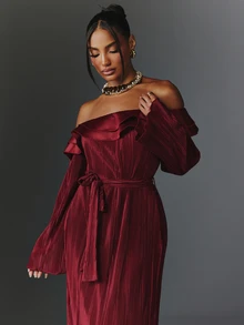 NYA SZN Dress Maxi Satin Pleated Cold Shoulder Long Sleeve Special Occasion Holiday Festival Brunch Date Night Elegant Luxury Casual Event Everyday Fall Winter - Red - View 3