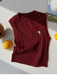 Comfortcana 秋冬純色扭繩編織V領馬術Logo休閒大尺碼針織背心 - 酒紅色 - 查看 4