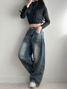 DAZY 女款水洗做舊寬鬆鈕扣時尚牛仔褲 - 藍色 - 查看 5