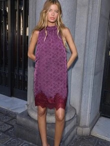Nöista Burgundy Jacquard Halter Mini Dress With Neck Tie, Flared Fit And Lace Hem. Fall, Winter, Party, Evening, Romantic, Dinner, Christmas, Night Out. - Purple - View 3