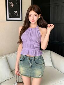 K-Vae Halter Neck New Elegant Pleated Fashion Ruffle Hem Top - Purple - View 4