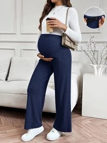 SHEIN 直筒寬腿休閒優雅孕婦收腹舒適長褲 - 藏蓝色 - 查看 5