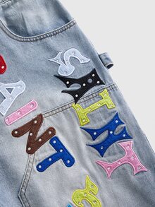 ROMWE Street Life Light Blue Applique Embroidery Studded Colorful Roman Pattern Sun Element Plus Size Women's 5-Inch Denim Shorts - Blue - View 3