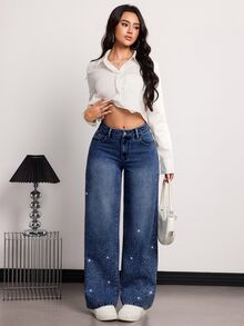 SHEIN Tall 女款水鑽裝飾口袋寬腿寬鬆休閒牛仔褲 - 深色水洗藍 - 查看 5