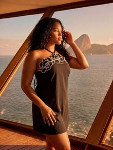 CAJUNI Cute Embroidery Flower Plus Size Short Dress - Black - View 6