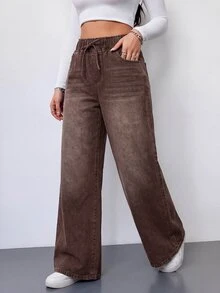 SHEIN Tall 女款抽繩腰休閒日常牛仔褲 - 棕色 - 查看 6