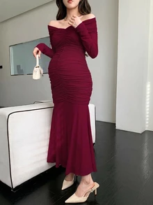 DAZY Maternity Solid Color Cold Shoulder Long Sleeve Waist-Cinching Ruffle Hem Dress - Red - View 4