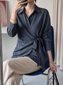DAZY 女款休閒長版條紋襯衫附腰部綁帶 - 藍色 - 查看 4