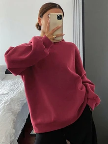 DAZY Women's Black Solid Color Loose Drop Shoulder Long Sleeve Casual Versatile Pullover Sweatshirt Hoodies - Burgundy - View 3