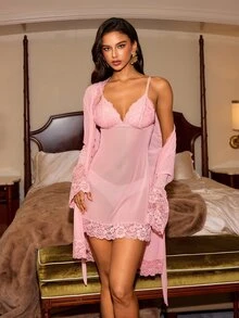 Slumberist طقم ملابس نوم نسائي مثير من الدانتيل والشبك الشفاف بتصميم باتشورك ولون سادة حلو - وردي - مشاهدة 7