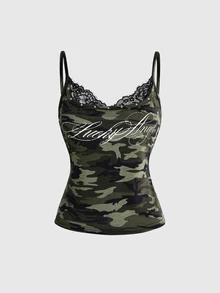 ROMWE Women's Vintage Hot Girl Y2K 2 In 1 Lace Patchwork Camisole - Green - View 1