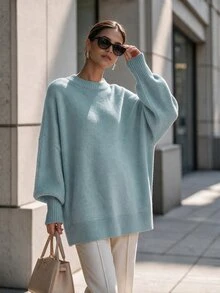 SHEIN Women's Crew Neck Long Sleeve Solid Color Sweater - Baby Blue - View 3
