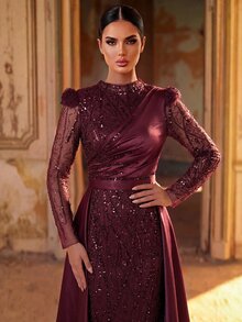 Aureia فستان سهرة فاخر أنيق بتطريز فقاعات مرصع بالخرز والترتر وتصميم باتشوورك من الساتان مع أكمام شفافة وتنورة حورية البحر كاملة محتشمة بتفاصيل مكشكشة، مناسب لحفلات الزفاف والمناسبات وحفلات العزوبية والإجازات والسهرات والحفلات الرسمية (بأسلوب حرفي دقيق) - عنابي اللون - مشاهدة 5