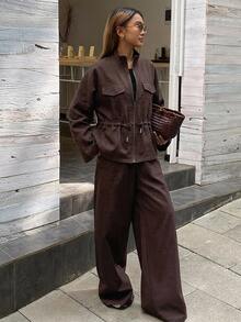 Dazy Tall Women's Stand Collar Long Sleeve Zip-Up Cinched Waist Large Pocket Jacket With Wide Leg Pants, Coffee Brown 2 Pieces Set - Coffee Brown - View 4
