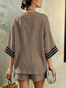 Breezaya Plus Size Women's V-Neck Contrast Color Striped Batwing Sleeve Casual Loose Fit Blouse - Multicolor - View 2