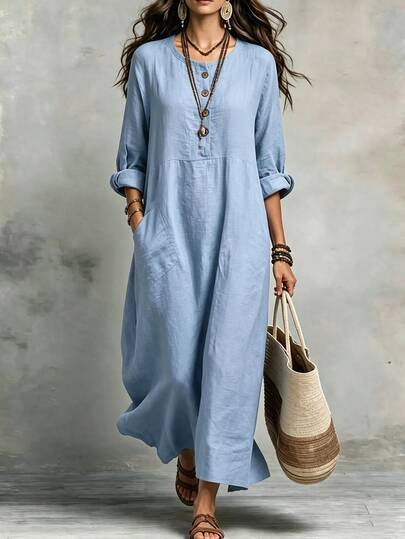 Breezaya Damen Lässig Urlaub Boho entspanntes Kleid mit hochgekrempelten Ärmeln, halber Knopfleiste, Henley-Kragen und großen Seitentaschen