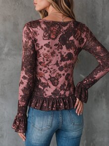 Solivie 女款法式街頭風花卉印花荷葉邊飾T恤 - 彩色 - 查看 3