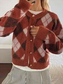 Livesso Women's Autumn/Winter Burgundy Round Neck Button Cable Knit Long Sleeve Slim Fit Ribbed Cardigan Christmas - Burgundy - View 1