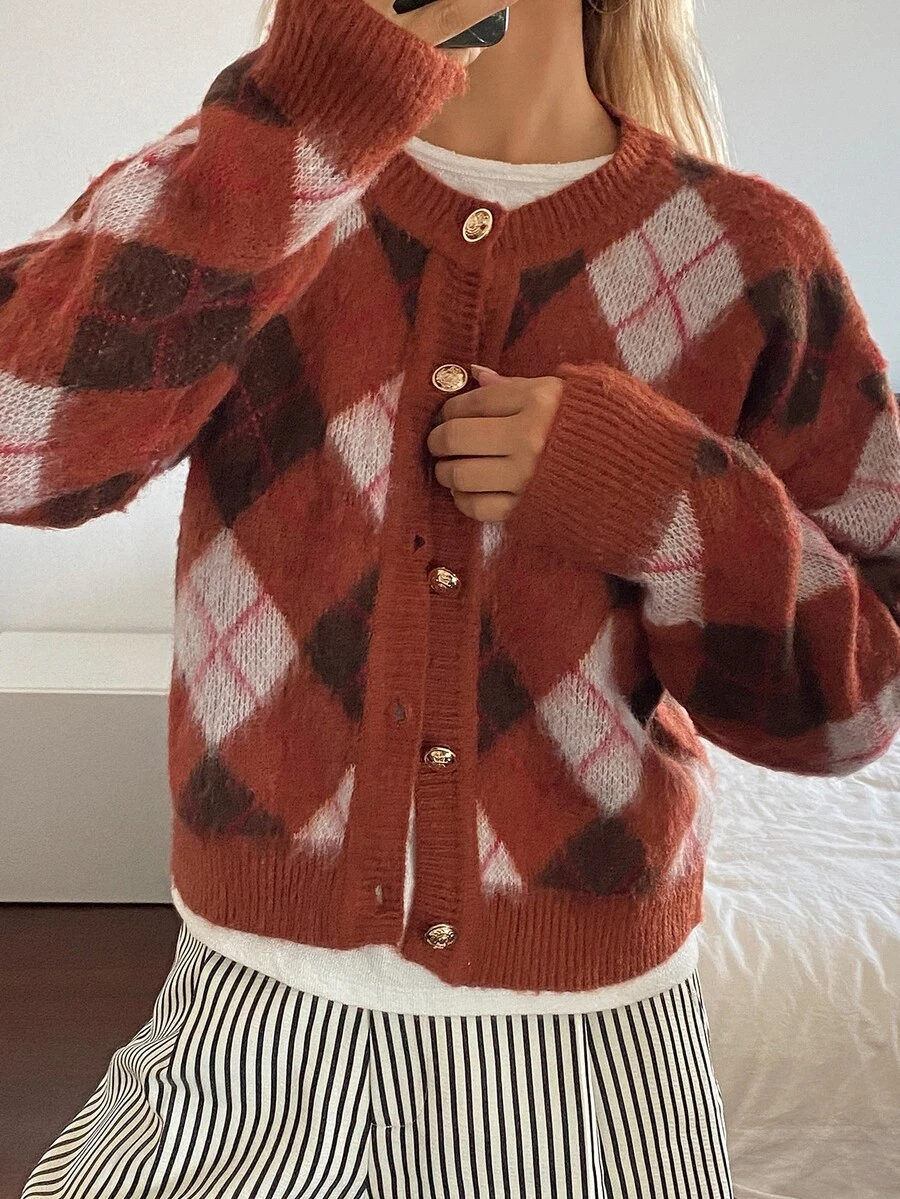Livesso Women's Autumn/Winter Burgundy Round Neck Button Cable Knit Long Sleeve Slim Fit Ribbed Cardigan Christmas - Burgundy - View 1