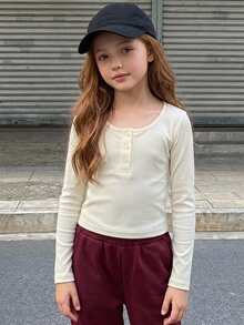 Hapijoa (Tween Girl) 米色修身長袖半開襟內搭圓領T恤，秋季 - 米色 - 查看 4