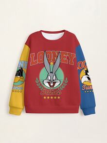 LOONEY TUNES X SHEIN 青少年男孩字母印花圓領長袖休閒衛衣 - 白色 - 查看 4