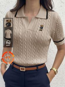 Briarwyn Women's Cartoon Bear Pattern Collared Short Sleeve Knit Top - Apricot - View 10