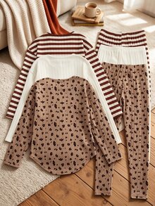 SHEIN Girls' 2 Pieces Set, Simple Casual, Round Neck Long Sleeved Pants Set, Multiple Colors To Meet Different Preferences, Preferred For Autumn Set - Brown - View 2