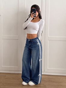 SHEIN PETITE 女款休閒日常牛仔褲，附口袋、鈕扣與蝴蝶結裝飾 - 深色水洗藍 - 查看 5