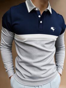 Calvornis 男士春秋撞色領長袖通勤 Polo 衫，深色輕量奢華馬標裝飾商務休閒極簡百搭套頭內搭上衣 - 藍白色 - 查看 7