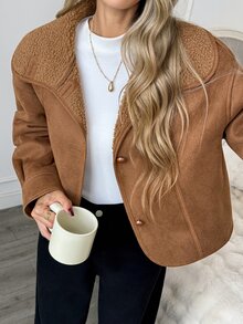 Easowa Women's Fashion Plush Collar Single-Breasted Long Sleeve Jacket - Brown - View 1