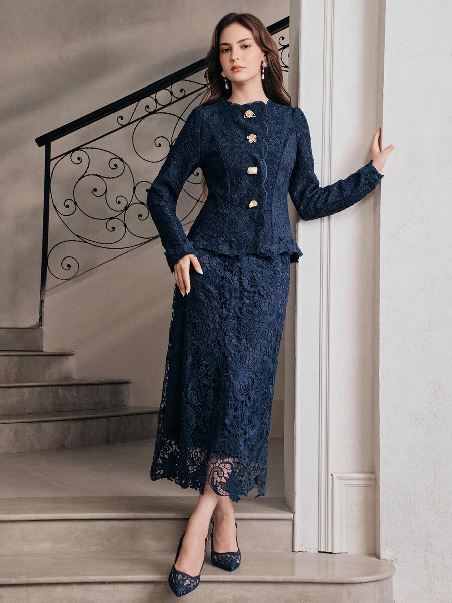 Anewsta 女款優雅兩件套刺繡布料外套配裙子,秋季新款 - 藏蓝色 - 查看 1