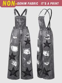 SHEIN Jumpsuit Denim Bertali Berlubang dengan Motif Bintang untuk Remaja Perempuan - Grey - View 6