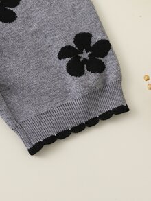 SHEIN 灰色花卉女孩針織套裝，女孩圓領毛衣與寬腿褲2件套，歐美媽媽喜愛，適合外出與聚會 - 灰色 - 查看 4