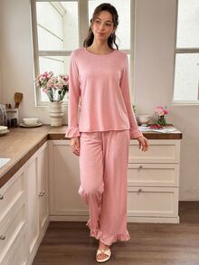 Snug Reverie Women's Round Neck Ruffle Cuff Ruffle Hem Loose Straight Leg Pants Loungewear Set - Dusty Pink - View 1