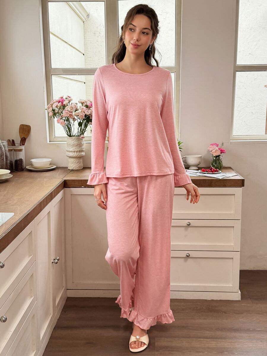 Snug Reverie Women's Round Neck Ruffle Cuff Ruffle Hem Loose Straight Leg Pants Loungewear Set - Dusty Pink - View 1