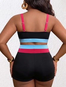 SHEIN Core Rhythm 2026 Summer New Women's Plus Size Sporty Colorblock Tank Top & Adjustable Double Strap Bikini Bottom 2 Pieces Swimsuit - Multicolor - View 2
