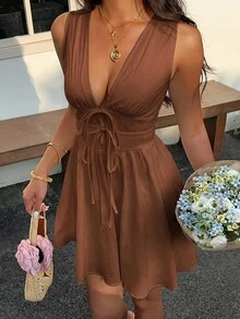 SHEIN EZwear 女款深V領收腰梭織無袖迷你洋裝 - 棕色 - 查看 7