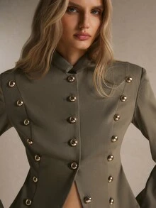 Poéselle Women's Autumn/Winter Studded Asymmetrical Hem Fitted Blazer - Mocha Brown - View 3