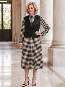 EMERY ROSE Women's Slim Fit Black Tank Top And High Neck Long Sleeve Houndstooth Maxi Dress Set Office Formal Winter Elegant Casual - Multicolor - View 3