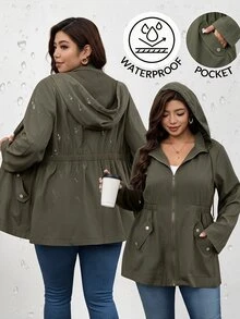 SHEIN Clasi Plus Size Zipper Button Pocket Long Sleeve Hooded Jacket - Army Green - View 1