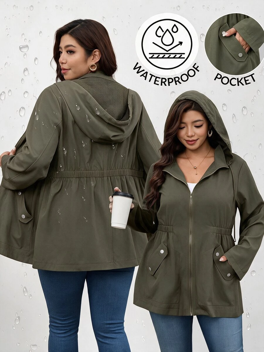 SHEIN Clasi Plus Size Zipper Button Pocket Long Sleeve Hooded Jacket - Army Green - View 1