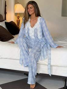 DAZY 3pcs/Set Women's Lace Patchwork Plaid Long Cardigan Robe & Straight Leg Long Pajama Pants Sleepwear Set - Blue - View 5