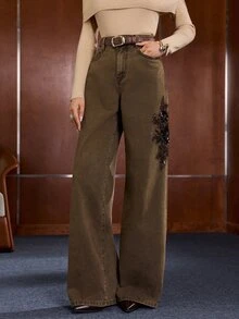 Anewsta Celana Jeans Lurus dengan Bordir Renda Manik-Manik - Coffee Brown - View 3