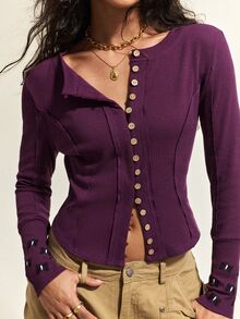 SHEIN Women's Minimalist Elegant Single-Breasted Long Sleeve Casual T-Shirt - Purple - View 4