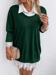 SHEIN LUNE 大尺碼女款對比蕾絲 2 合 1 休閒寬鬆衛衣 - 墨綠色 - 查看 3