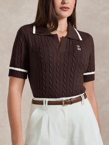 Briarwyn Women's Cartoon Bear Pattern Collared Short Sleeve Knit Top - Brown - View 8