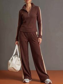 Omancia Caramel Coffee Color Knitted Set For Women, Ribbed Slimming Contrast Color Tape Flared Pants, Fashionable Casual 2 Pieces Set - Coffee Brown - View 1